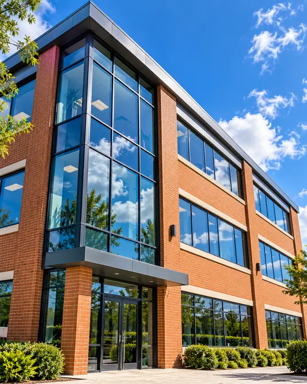 Glazed red-brick office building in Lancashire with clean windows